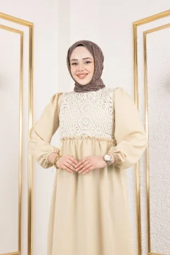 فستان نسائي باللون البيج بدانتيل أمامي، - Фото 6