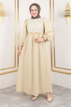 فستان نسائي باللون البيج بدانتيل أمامي، - Фото 7