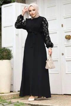 Plus Size Handle Embroidery Embroidered Hijab Ferace TSD240120 Black - Фото 1