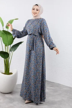 فستان نسائي بطبعة زهور باللون الأزرق - Фото 3