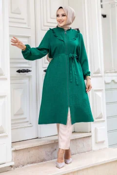Emerald Green Linen Tunic - TSD with Ruffle Detail and Zipper240518 - Фото 1