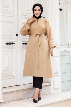Camel Linen Tunic - TSD with Ruffle Detail and Zipper240518 - Фото 1