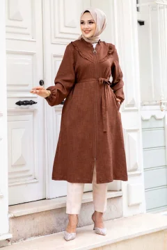 تونيك نسائي بسحاب مكشكش من الأمام باللون البني - Фото 7