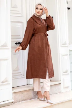 تونيك نسائي بسحاب مكشكش من الأمام باللون البني - Фото 4