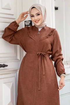 تونيك نسائي بسحاب مكشكش من الأمام باللون البني - Фото 6