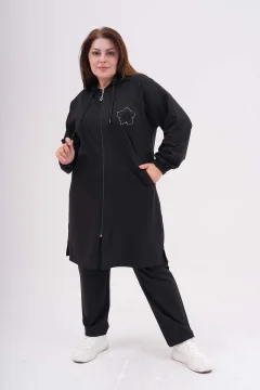 طقم بدلة رياضية سوداء مقاس كبير مع غطاء للرأس وتفاصيل حجرية - Фото 4