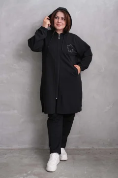 Large Size Hooded and Stone Detailed Black Hijab Tracksuit Set - Фото 1