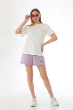 طقم شورت تي شيرت نسائي رياضي كاجوال، طقم بيجامة مع شورت أرجواني - Фото 4