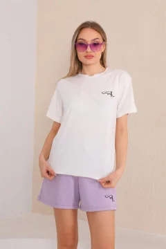 طقم شورت تي شيرت نسائي رياضي كاجوال، طقم بيجامة مع شورت أرجواني - Фото 6