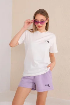 طقم شورت تي شيرت نسائي رياضي كاجوال، طقم بيجامة مع شورت أرجواني - Фото 9