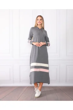 Women's Gray Sleeve and Skirt Striped Hooded Dress - Фото 1