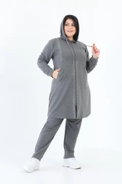 Gray Stone Detailed Zippered Hooded Hijab Battal Women's Tracksuit Set - Фото 1
