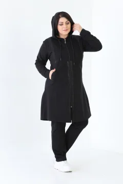 Women's Large Size Stone Detailed Zippered Hooded Hijab Battal Tracksuit Set - Фото 1