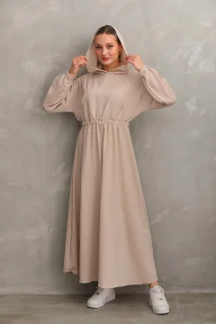 Women's Summer Linen Hijab Sports Dress with Hooded Waist and Drawstring Pocket BEIGE - Фото 1