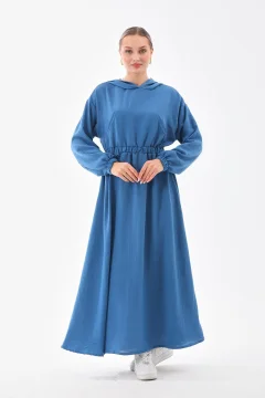 فستان رياضي نسائي صيفي من الكتان مع غطاء للرأس ورباط على الخصر مع جيوب INDIGO - Фото 4