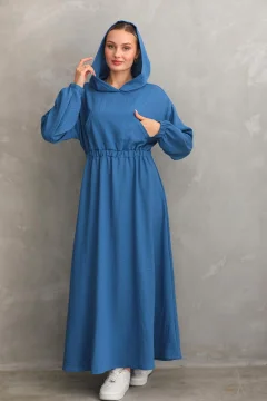 Women's Summer Linen Hijab Sports Dress with Hooded Waist and Drawstring Pockets INDIGO - Фото 1