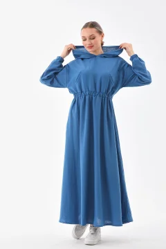 فستان رياضي نسائي صيفي من الكتان مع غطاء للرأس ورباط على الخصر مع جيوب INDIGO - Фото 6