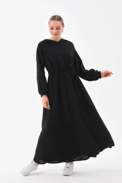 Women's Summer Linen Hijab Sports Dress with Hooded Waist and Drawstring Pocket BLACK - Фото 1