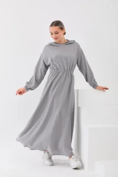 Women's Summer Linen Hijab Sports Dress with Hooded Waist and Drawstring Pockets GRAY - Фото 1