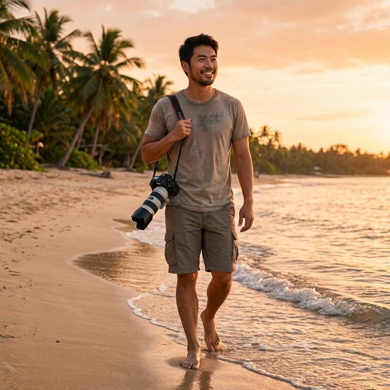 walking on a beautiful tropical beach at golden hour, waves gently lapping at the shore, palm trees in background, vacation vibes, relaxed happy expression