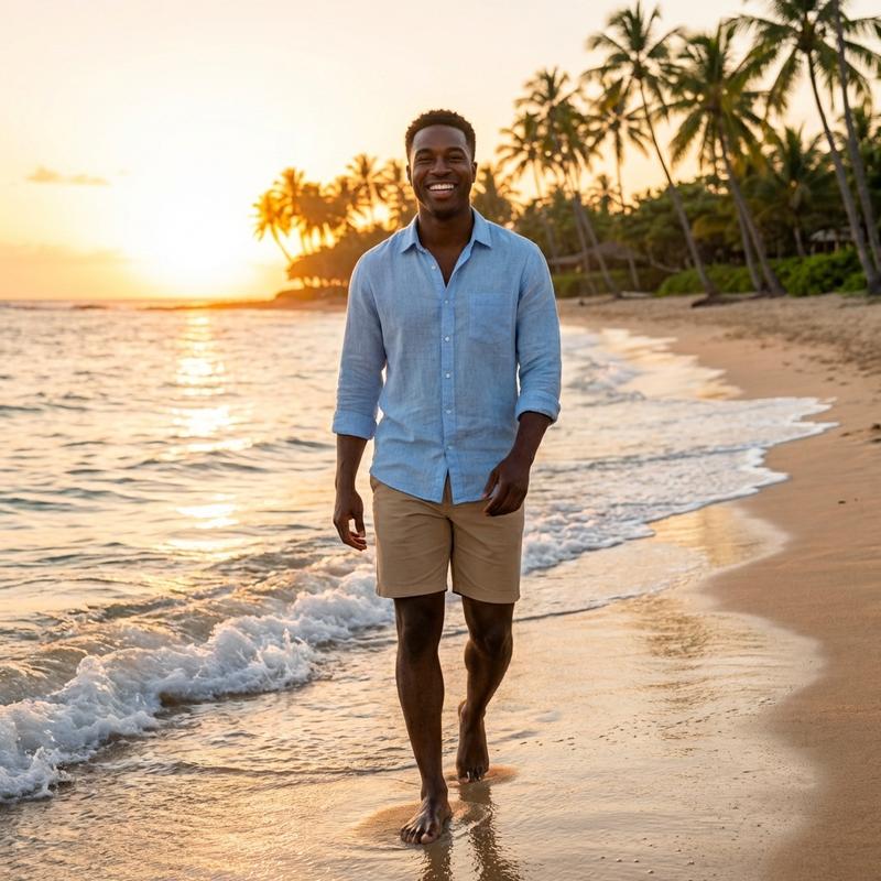 walking on a beautiful tropical beach at golden hour, waves gently lapping at the shore, palm trees in background, vacation vibes, relaxed happy expression