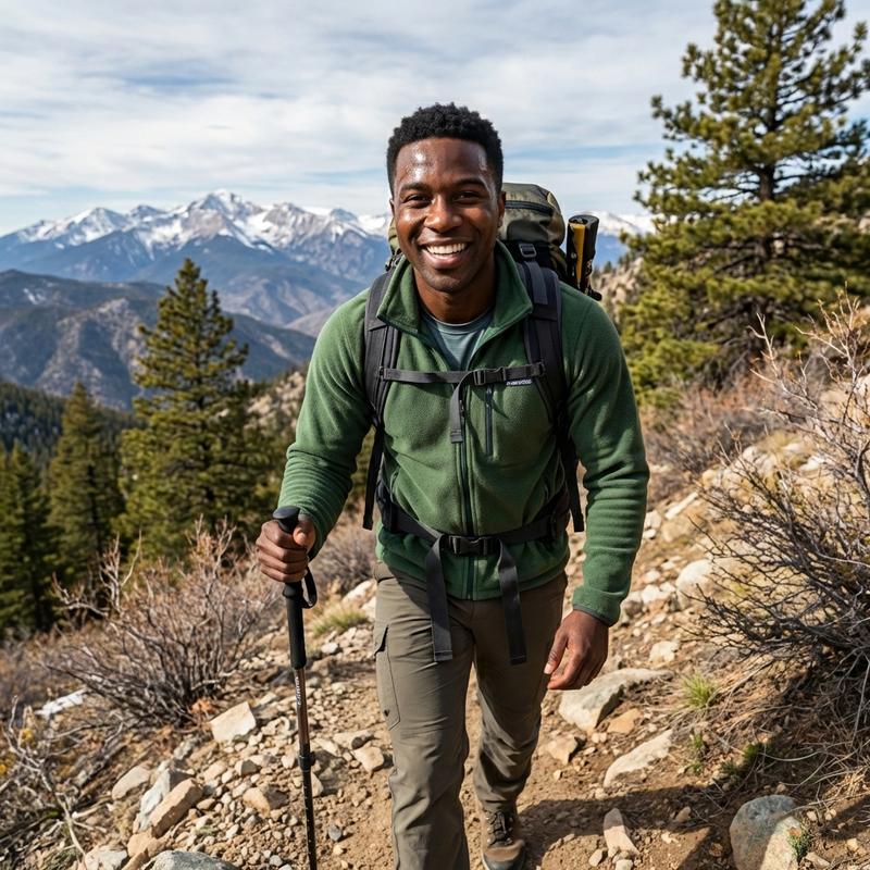 hiking on a scenic mountain trail with snow-capped peaks in the distance, wearing outdoor gear, adventurous spirit