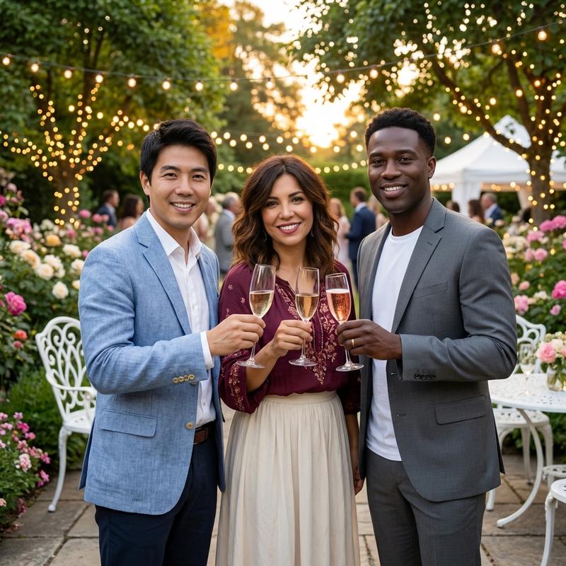 group at an elegant garden party, toasting with drinks, festive summer evening