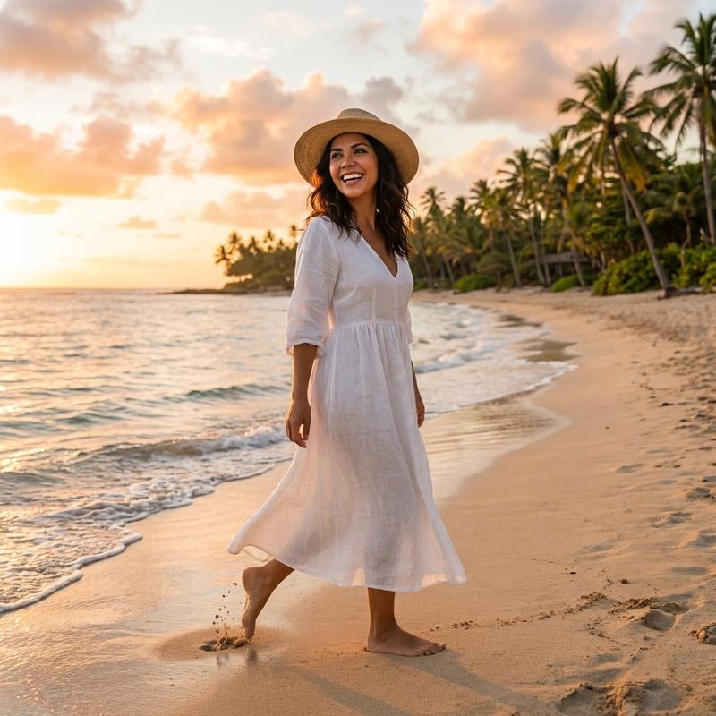 walking on a beautiful tropical beach at golden hour, waves gently lapping at the shore, palm trees in background, vacation vibes, relaxed happy expression