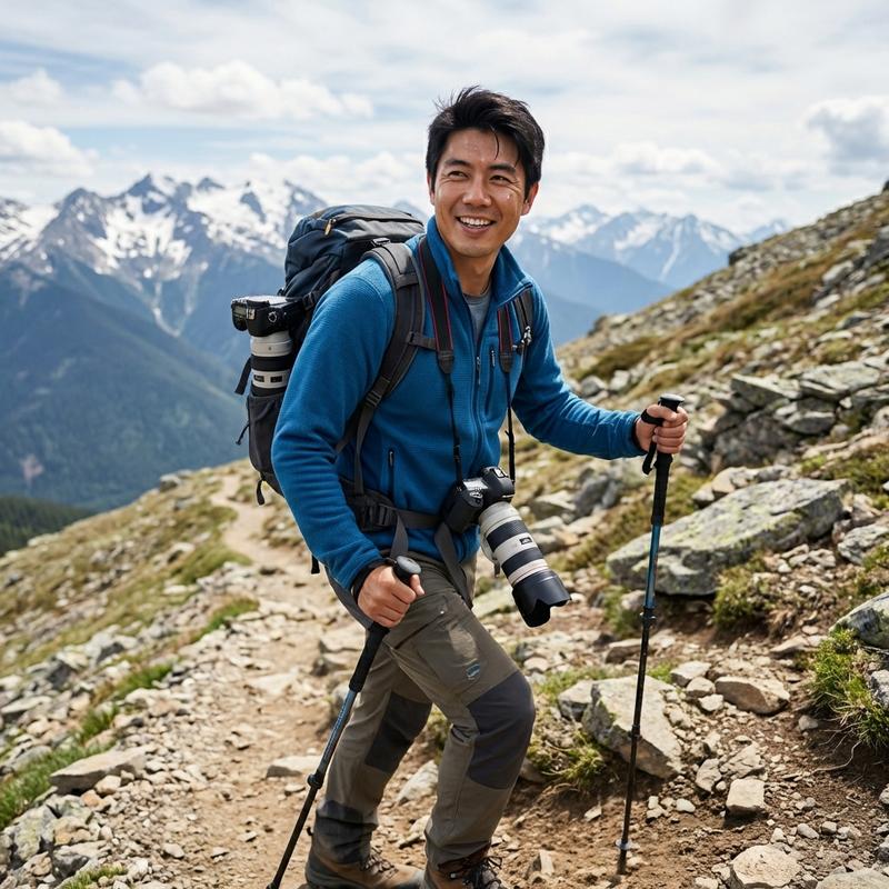 hiking on a scenic mountain trail with snow-capped peaks in the distance, wearing outdoor gear, adventurous spirit