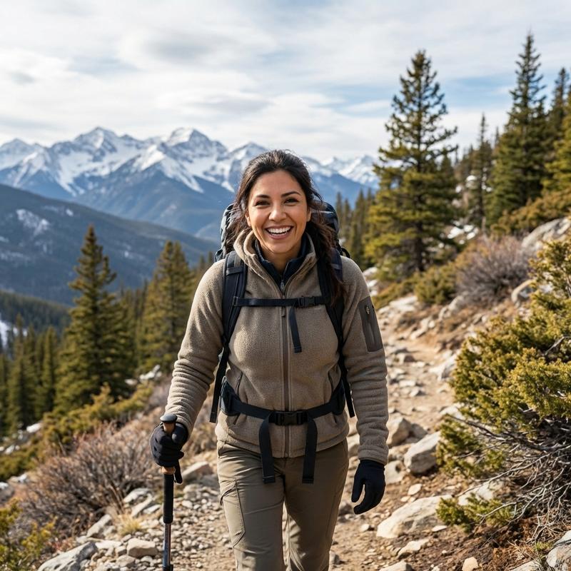 hiking on a scenic mountain trail with snow-capped peaks in the distance, wearing outdoor gear, adventurous spirit