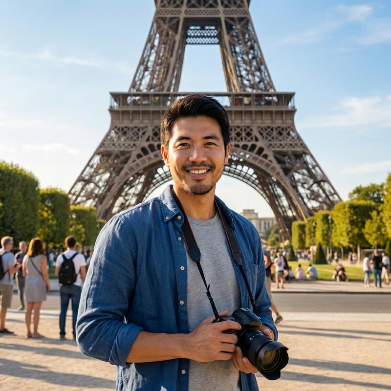 standing in front of the Eiffel Tower on a sunny Parisian day, classic tourist photo, romantic city vibes