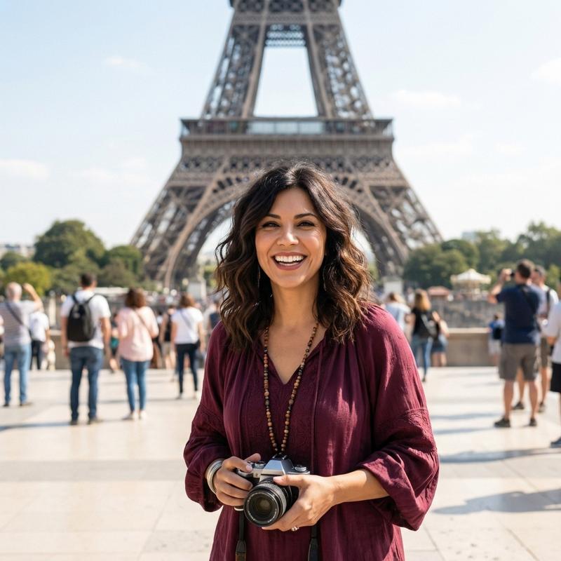 standing in front of the Eiffel Tower on a sunny Parisian day, classic tourist photo, romantic city vibes