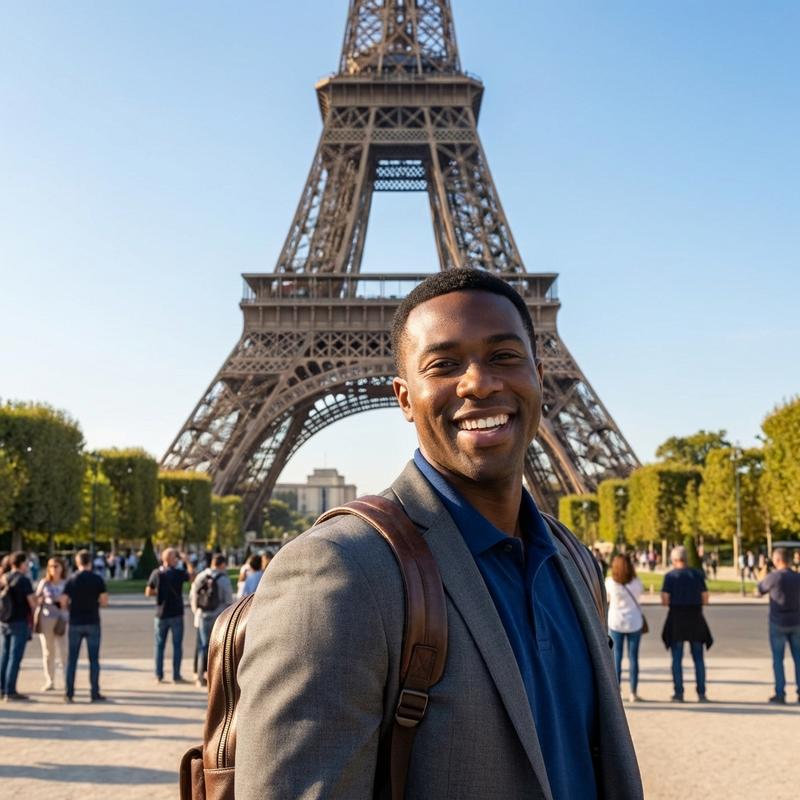 standing in front of the Eiffel Tower on a sunny Parisian day, classic tourist photo, romantic city vibes