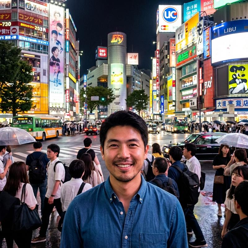 standing at the famous Shibuya crossing at night, neon lights and billboards glowing, urban energy