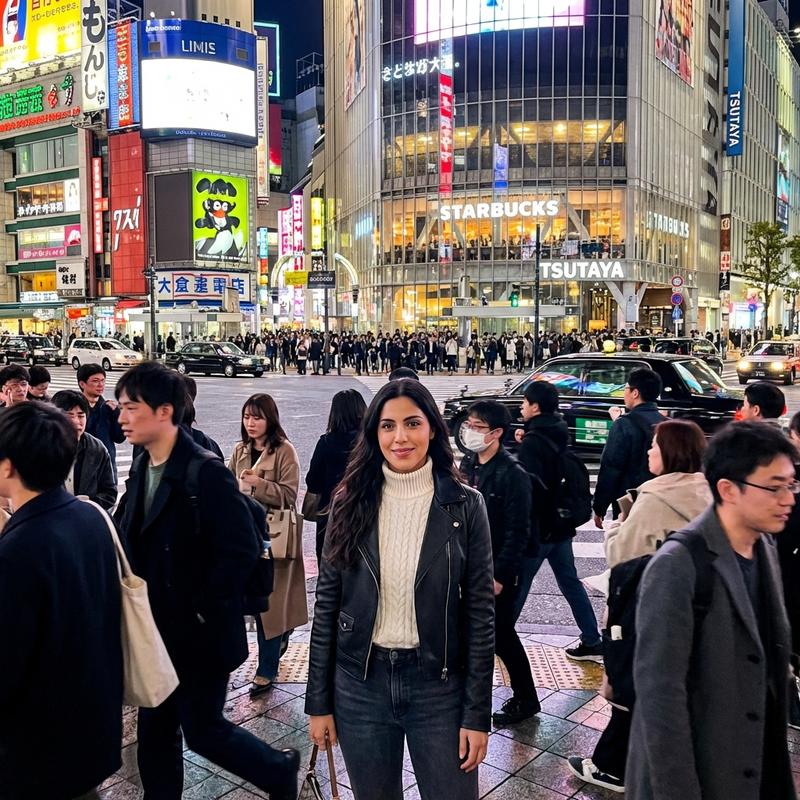 standing at the famous Shibuya crossing at night, neon lights and billboards glowing, urban energy