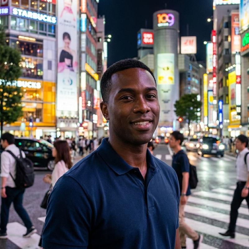 standing at the famous Shibuya crossing at night, neon lights and billboards glowing, urban energy