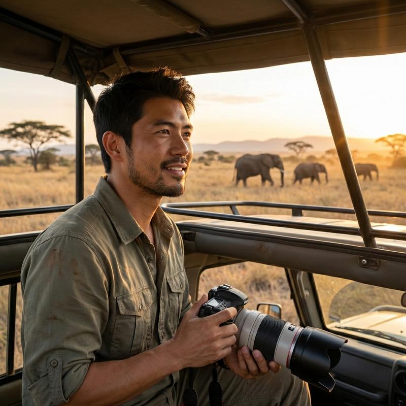 on a safari jeep in African savanna at golden hour, wildlife adventure, stunning landscape