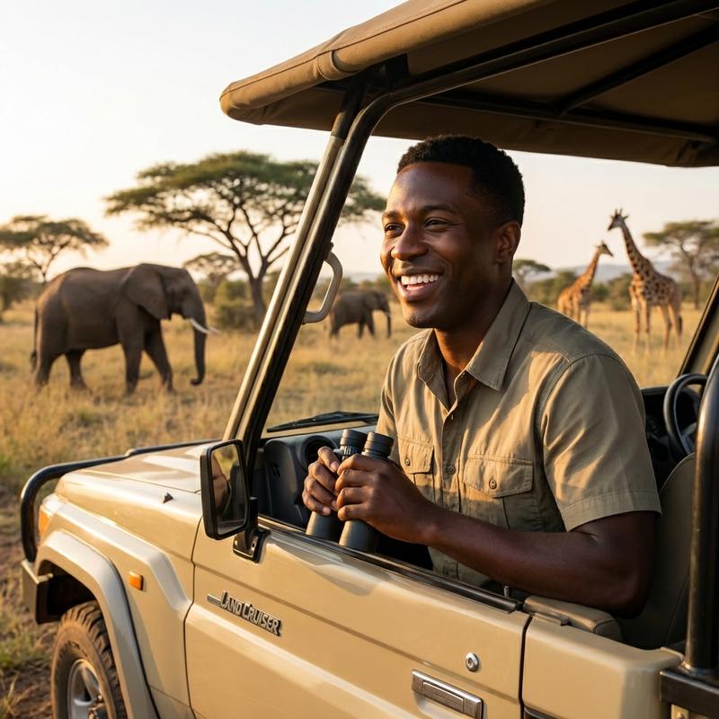 on a safari jeep in African savanna at golden hour, wildlife adventure, stunning landscape