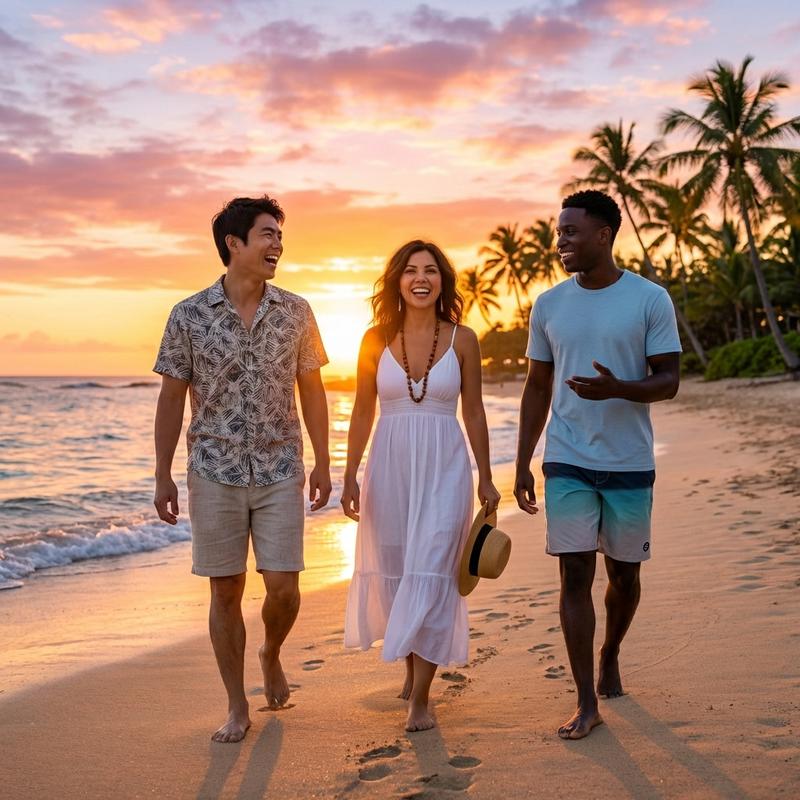 group of friends walking together on a tropical beach at sunset, laughing and enjoying vacation