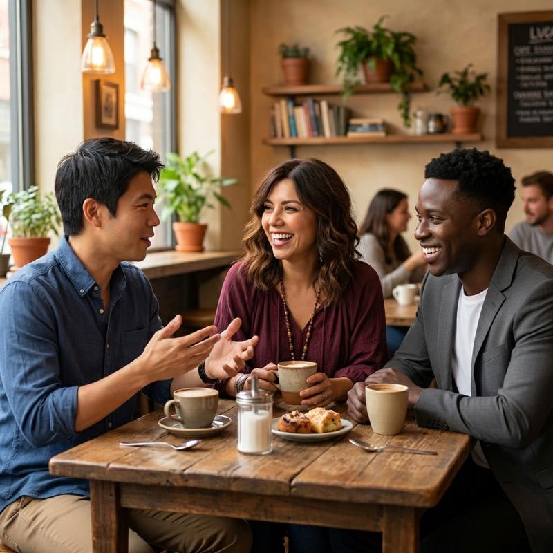 friends having coffee together at a cozy cafe, engaged in animated conversation