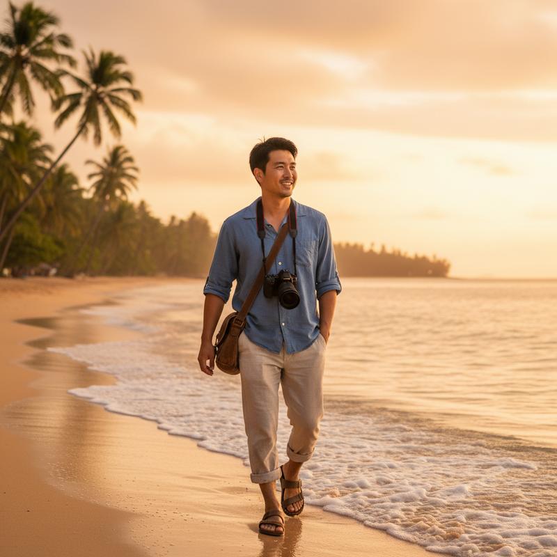 walking on a beautiful tropical beach at golden hour, waves gently lapping at the shore, palm trees in background, vacation vibes, relaxed happy expression