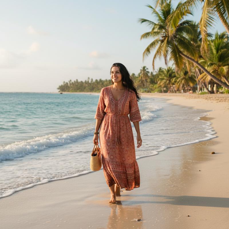 walking on a beautiful tropical beach at golden hour, waves gently lapping at the shore, palm trees in background, vacation vibes, relaxed happy expression