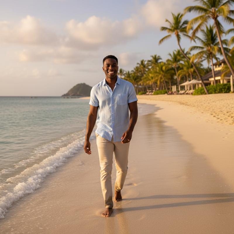 walking on a beautiful tropical beach at golden hour, waves gently lapping at the shore, palm trees in background, vacation vibes, relaxed happy expression