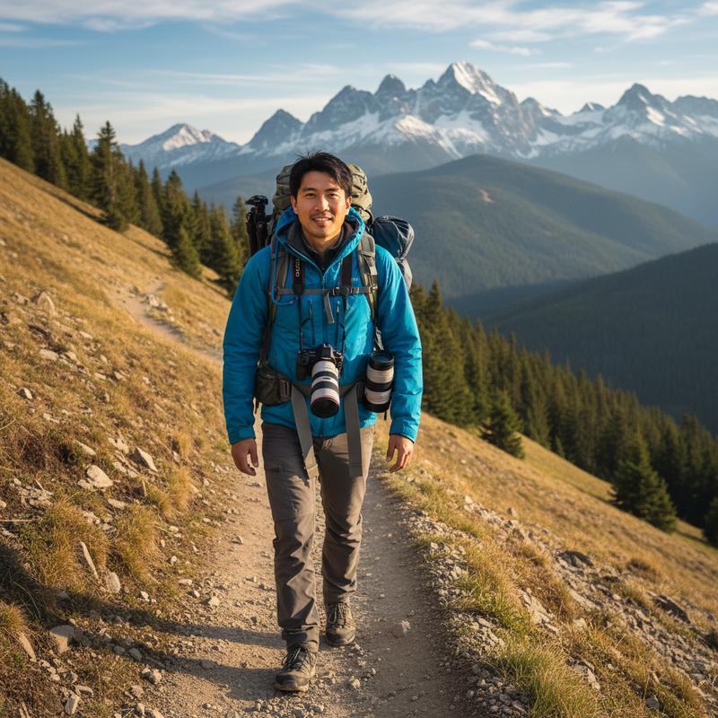 hiking on a scenic mountain trail with snow-capped peaks in the distance, wearing outdoor gear, adventurous spirit