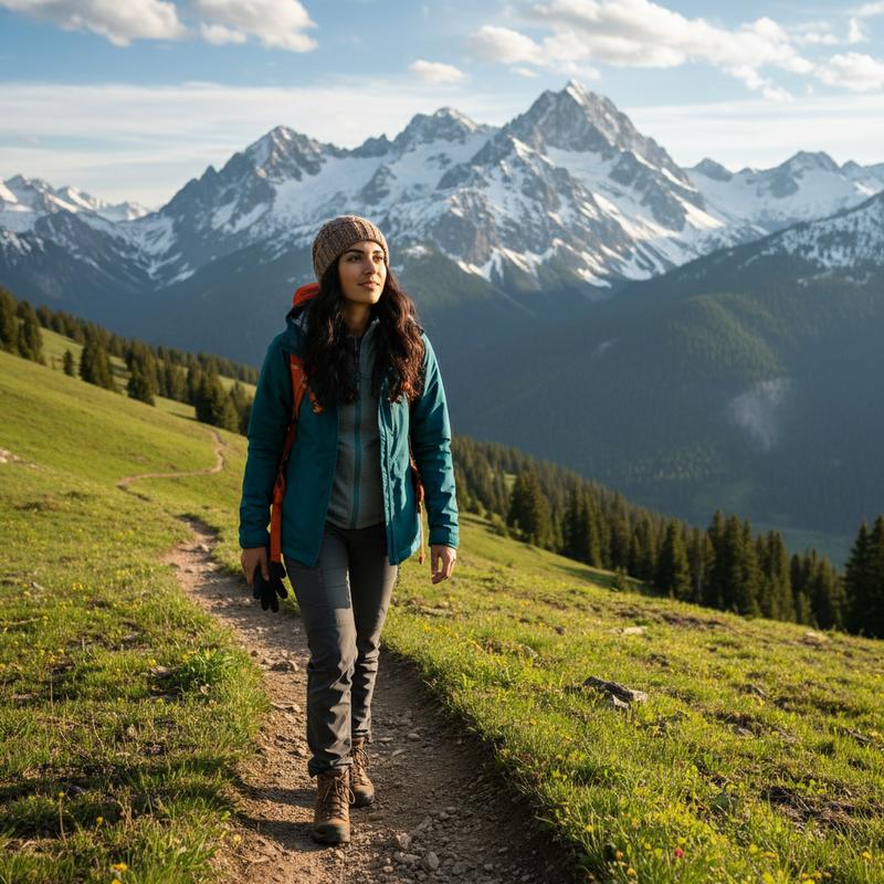hiking on a scenic mountain trail with snow-capped peaks in the distance, wearing outdoor gear, adventurous spirit