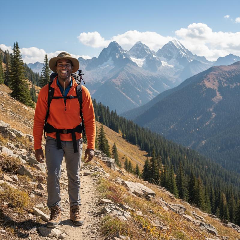 hiking on a scenic mountain trail with snow-capped peaks in the distance, wearing outdoor gear, adventurous spirit