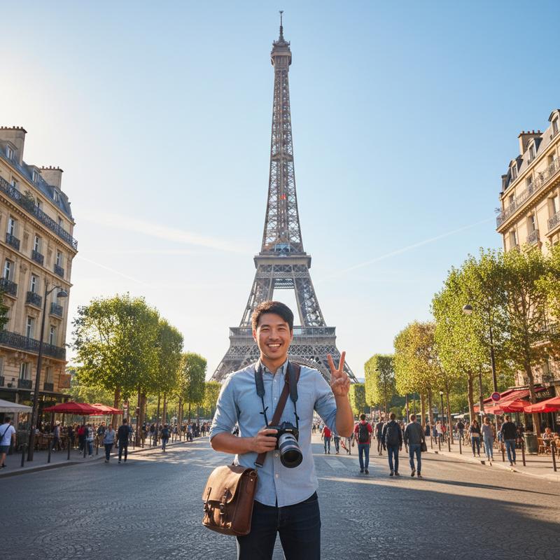 standing in front of the Eiffel Tower on a sunny Parisian day, classic tourist photo, romantic city vibes