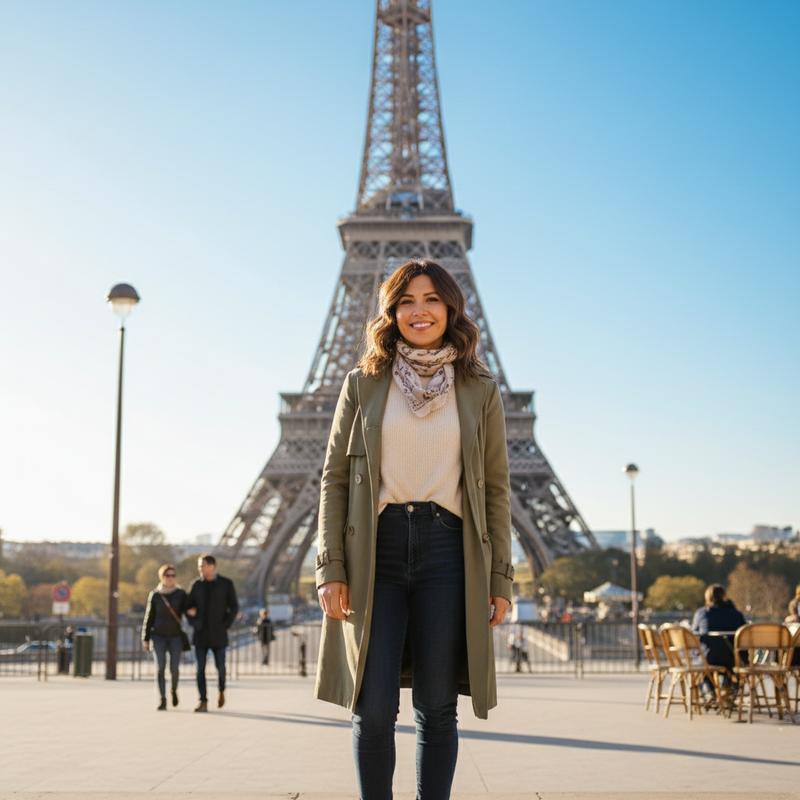 standing in front of the Eiffel Tower on a sunny Parisian day, classic tourist photo, romantic city vibes