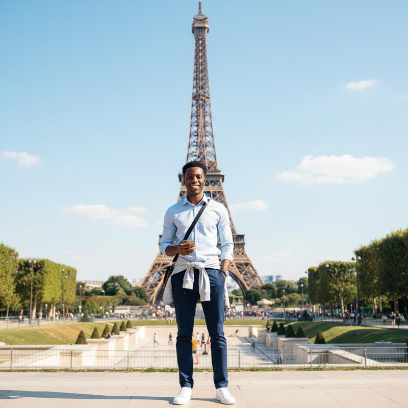 standing in front of the Eiffel Tower on a sunny Parisian day, classic tourist photo, romantic city vibes