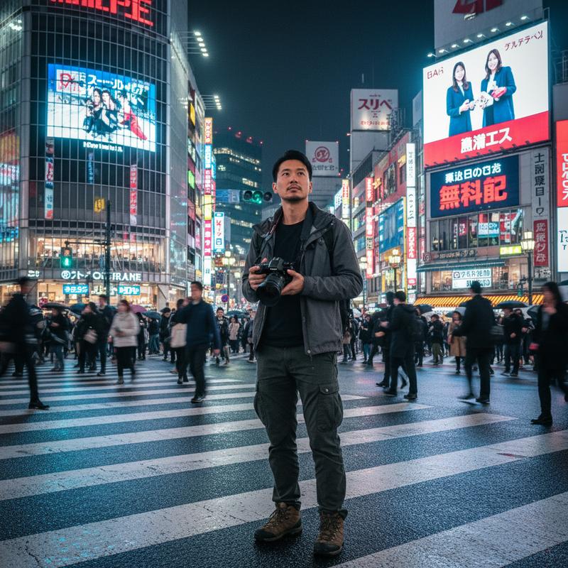 standing at the famous Shibuya crossing at night, neon lights and billboards glowing, urban energy